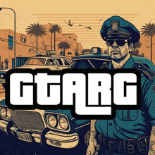 a poster of a police officer standing in front of a police car with the word gtarg on the bottom