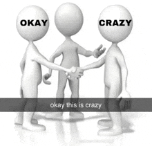 three cartoon characters shaking hands with okay and crazy written on their faces