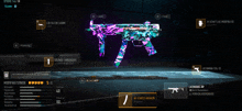 a video game screen shows a gun with a purple and green camo design