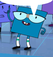 a cartoon character with glasses and a speech bubble pointing up