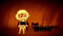 a cartoon girl sits next to a black cat with a red eye