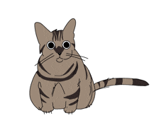 a drawing of a cat with big eyes and a striped tail