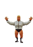 a toy wrestler with his arms outstretched wearing a white jacket