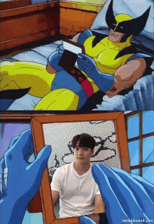 a cartoon of wolverine reading a book and a picture of a man in a white shirt