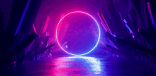 a neon circle is surrounded by purple and blue lights