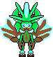 a pixel art of a green dragon with wings and horns .