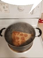 a slice of pizza is boiling in a pot of water on a stove