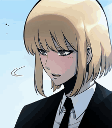 a woman with blonde hair and a black suit and tie