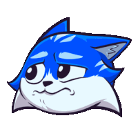 a blue and white cartoon cat with a sad look on his face