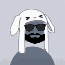 a man with a beard and sunglasses is wearing a white bunny hat .