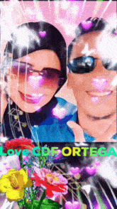 a man and a woman are posing for a picture with the words love ode ortega written on the bottom