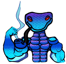 a blue and purple snake with red eyes holding a pipe