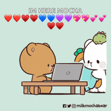 a cartoon of a teddy bear using a laptop with the words im here mocha above it