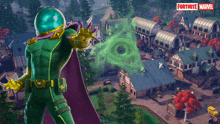 a video game called fortnite marvel shows a superhero holding a green object