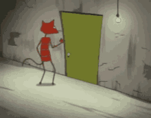 a cartoon cat is standing next to a green door in a hallway .