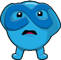 a blue cartoon character wearing a mask with the letter s on it