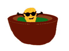 a cartoon drawing of a pickle wearing sunglasses in a bowl of pickles