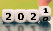 a hand is turning a dice that says 2021 on it