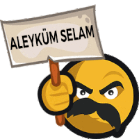 a cartoon smiley face with a mustache holds up a sign that says aleykum selam