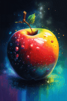 a colorful painting of an apple with bubbles in it