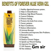 the benefits of forever aloe vera gel are listed on a white background