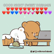 a cartoon of two teddy bears sitting at a table with the words good night sweet dreams written above them