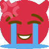 a red devil emoji with tears coming out of its eyes