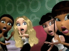 a group of cartoon dolls with their mouths open .