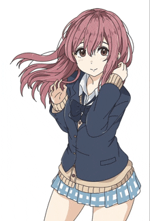 a drawing of a girl with pink hair and a school uniform