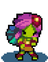 a pixel art drawing of a green alien with a purple and blue hair