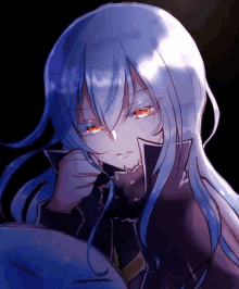 a girl with long blue hair and red eyes is wearing a black jacket and a hood .