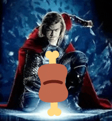 a cartoon of thor holding a chicken wing with a sad face on it .