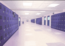 a hallway with purple lockers and a trash can on the right