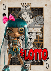 a queen of spades playing card with a doll standing in front of it