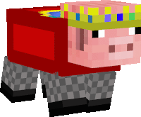 a minecraft pig wearing a crown and a red shirt