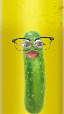 a pickle wearing glasses and a red mouth