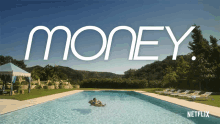 a man is floating on his back in a swimming pool with the words money written above him