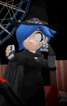 a cartoon character with blue hair wearing a black hat