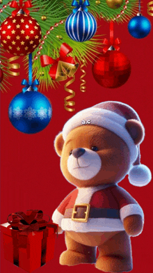 a teddy bear dressed as santa claus stands next to a gift box