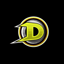 a yellow letter d in a black circle