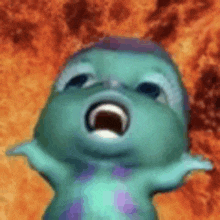 a close up of a cartoon character with its mouth open and a fire in the background .