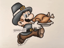 a drawing of mario wearing a pilgrim hat holding a turkey on a tray .