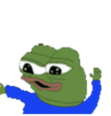 a pixel art of a frog wearing a blue shirt and waving .