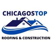 a logo for chicagostop roofing and construction with houses and waves