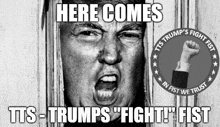 a black and white image of donald trump with the caption here comes tts trumps fight fist