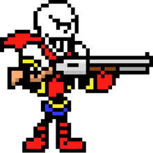 a pixel art of papyrus holding a gun in his hand .