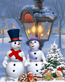 two snowmen are standing next to each other in front of a lamp post and a christmas tree