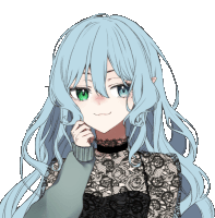 a girl with long blue hair is wearing a black lace top