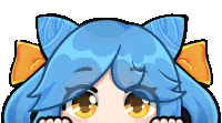 a cartoon drawing of a girl with blue hair and yellow bows