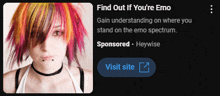 a picture of a girl with colorful hair and the words find out if you are emo